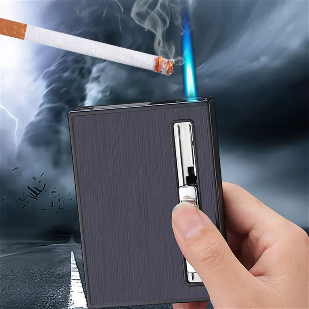 

Case With Gas Lighter Automatic Pop Up Cigarette Windproof Lighter Anti Pressure male cigarette boxTobacco Holder Men Gift