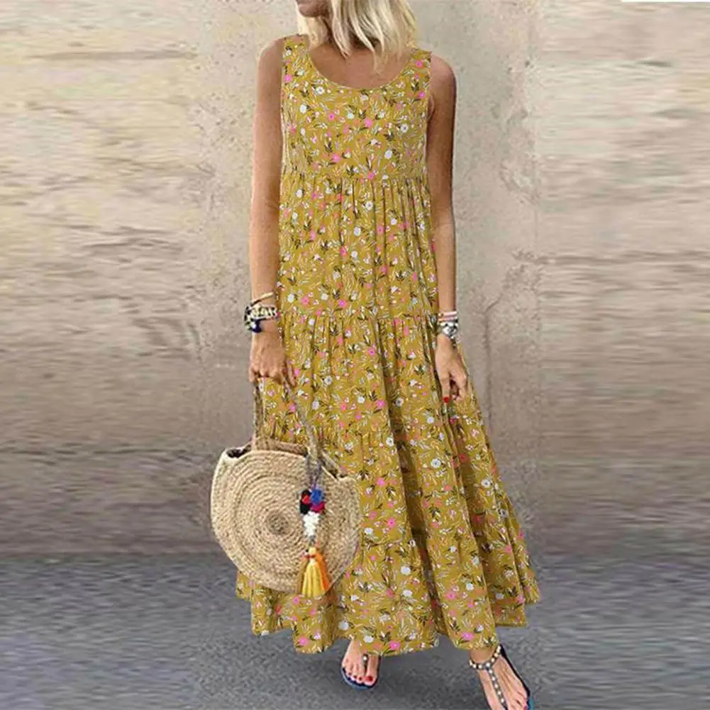 Bohemian Maxi Dress Women Casual Vintage Sleeveless O Neck Floral Print Loose Long Dress Oversized Beach Sundress
