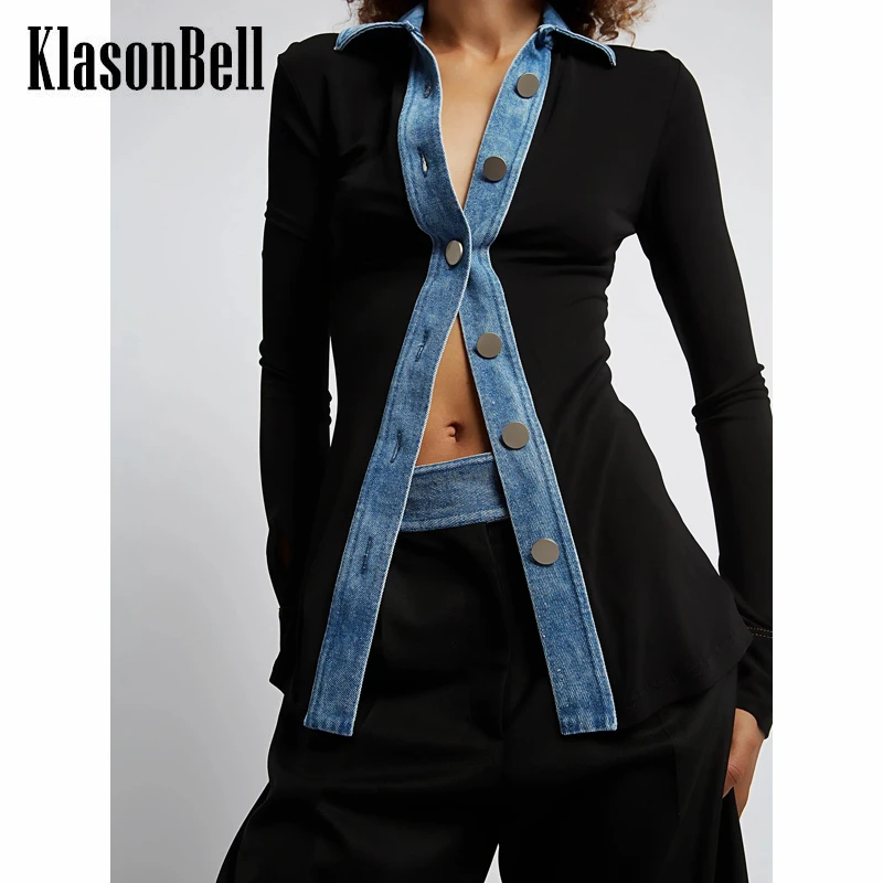 12.6 KlasonBell Fashion Turn Down Collar Patchwork Denim Collect Waist Shirt Women