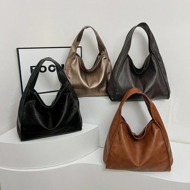 PU Solid Color Western Style 2024 New Women's Shoulder Bag Buckle Simple Fashionable Handbag Soft Versatile Commuting Tote