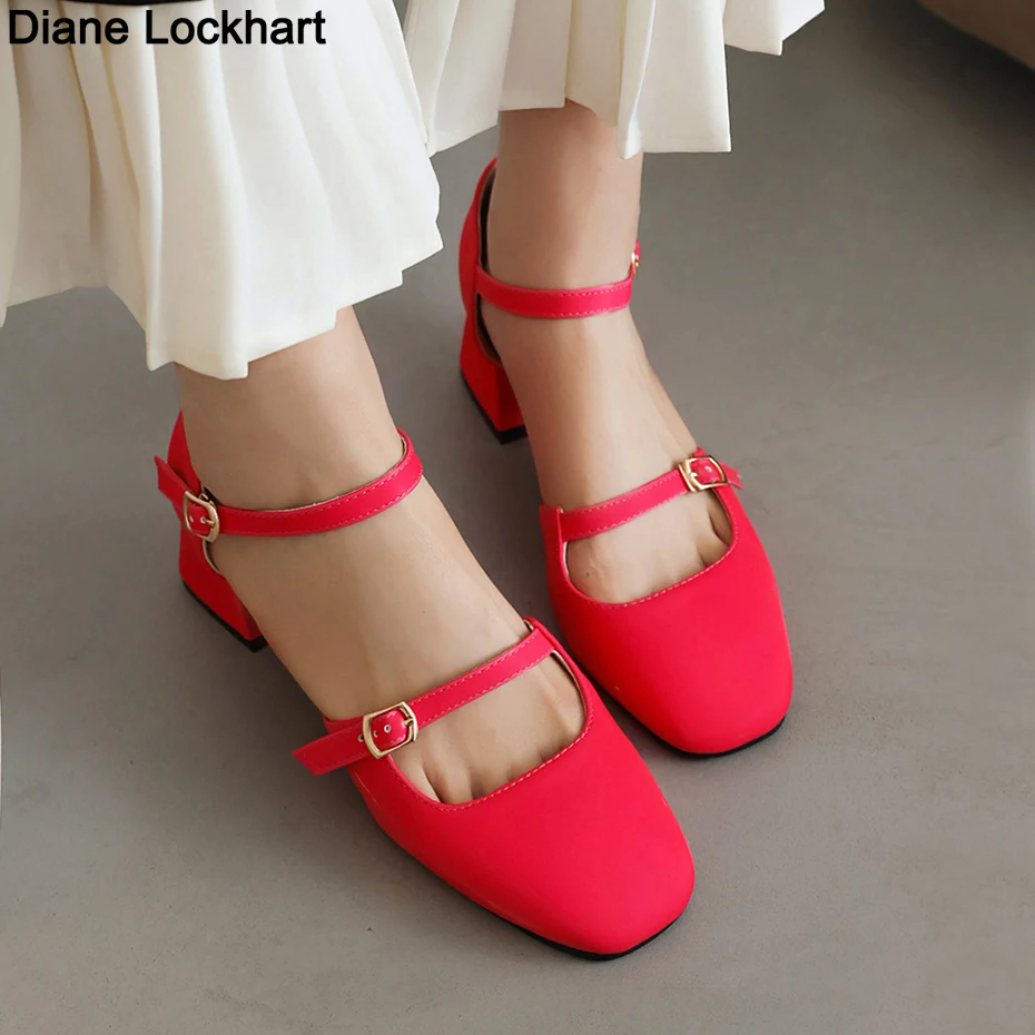 

Women Flats Vintage Square Toe Mary Jane Sandals Designer Shoes for Woman 5cm Dress Heels Casual Buckle Sandalias mujer Summer