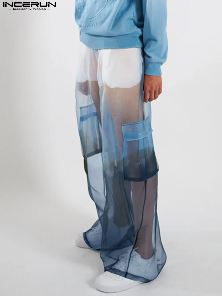 

INCERUN Men Mesh Pants Transparent Tie Dye Gradient Elastic Waist Streetwear Casual Straight Trousers 2022 Sexy Pockets Pantalon