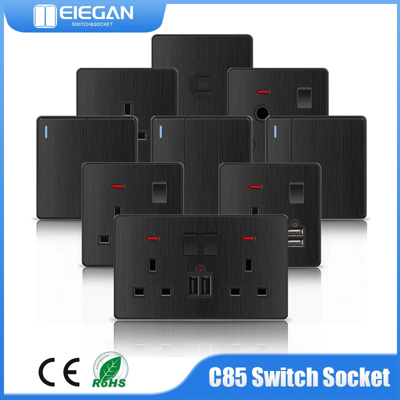 

PSSRISE C85 Serie EU/UK/UN Wall Switch High Power Socket USB 250V Deluxe Black Brushed PC Panel 45A Water Heater 16A Lamp On/Off