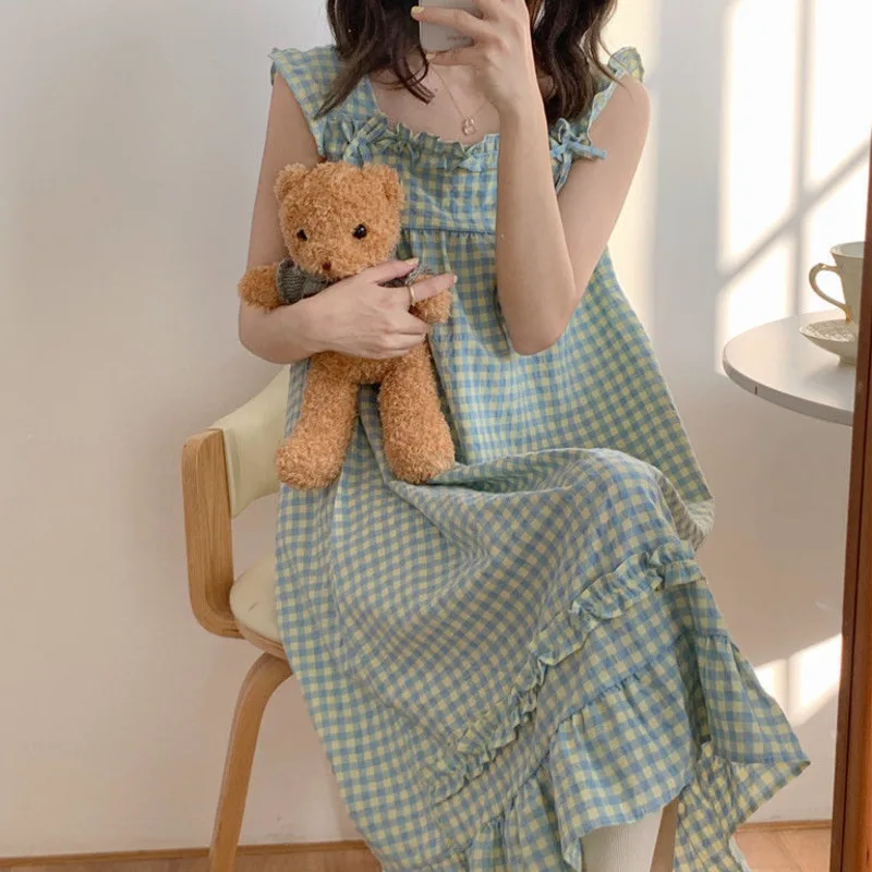 

Summer Nightgowns Women Sleeveless Plaid Ruffle Sweet Nightdress Sleepshirt Loose Home Dressing Gown Nightwear Pajamas Sleepwear