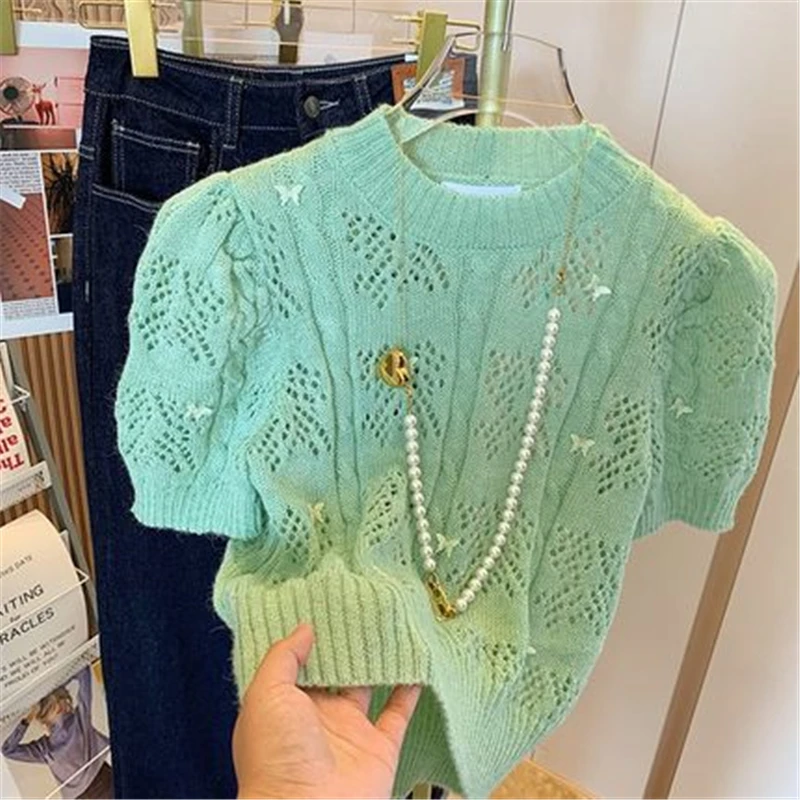Зеленые вязаные топы женские короткие рубашки с вырезами Нежная Милая Корейская
