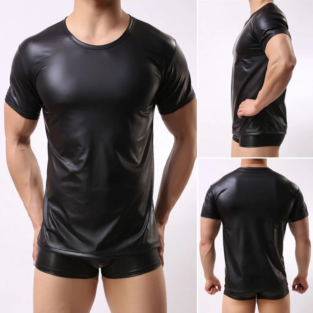 

2022 Sexy Imitation Faux Leather Men T Shirts Black Undershirt Short Sleeve Gay Tops T-shirt Smooth Undershirt Dance Wear new