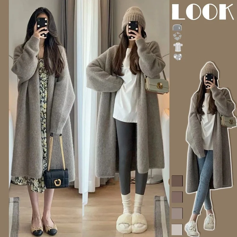 

Корейский модный длинный свитер, кардиган на осень и зиму, новинка 2022, однотонные Свободные Повседневные свитера, кардиган, вязаная куртка д...