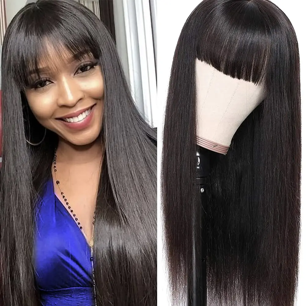 Straight Wig With Bangs Fringe Straight Human Hair Wig For Women Brazilian Hair Bangs Wig Full Machine Made Remy Hair Glueless