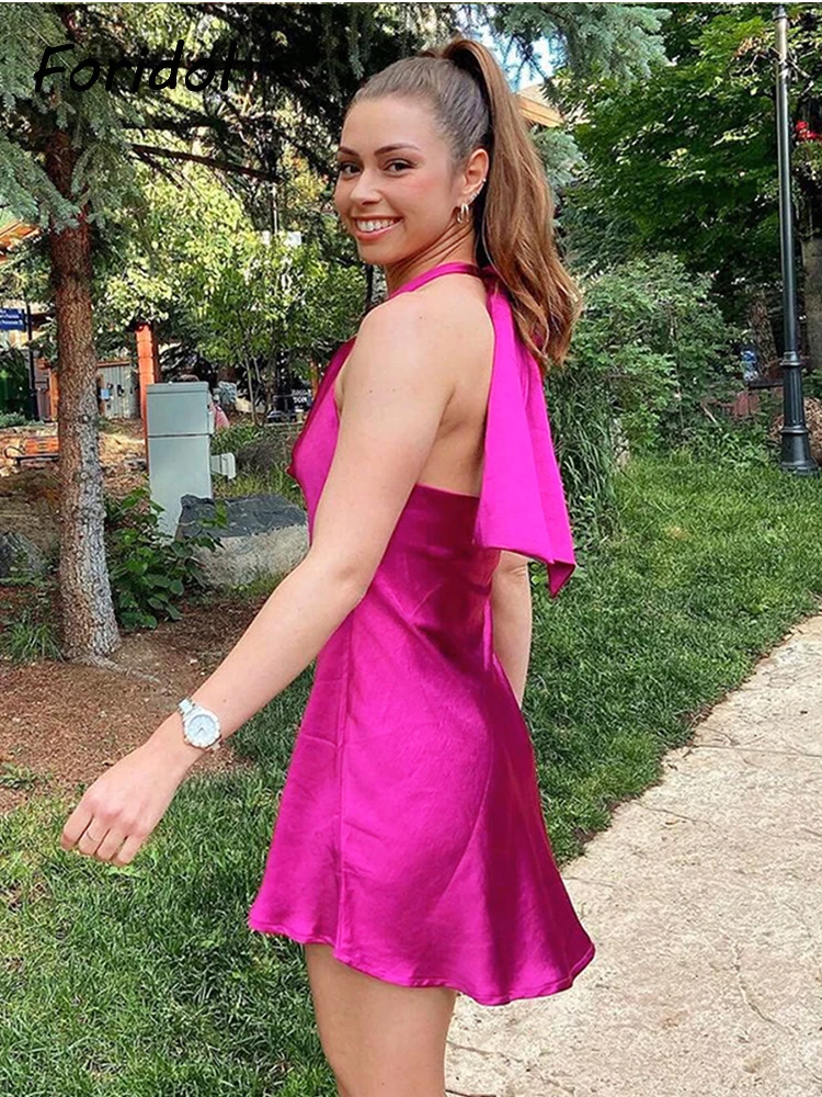 

Foridol Backless Rose Red Halter Satin Dress Summer Sleeveless Short Party Club Sundress Bowknot Lace Up Maxi Dress Vestidos