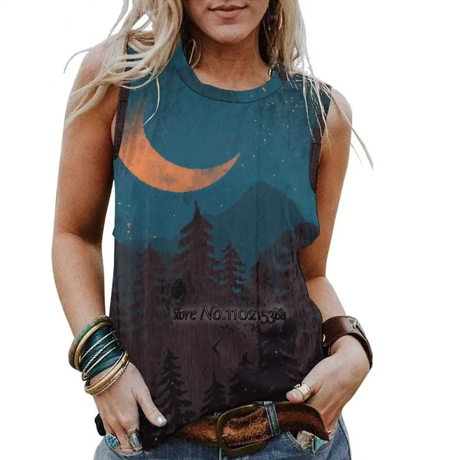 

Эти летние ночи... Женская майка, модная свободная повседневная майка, пикантная майка, Майка для девочек, футболка с пейзажем, луной, звездам...