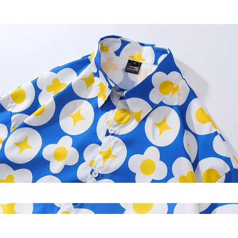 Fashion Brand Retro Simple Street Style Short-Sleeved Shirt Women Loose Oversize Couple Flower Shirt Trendy Top Men