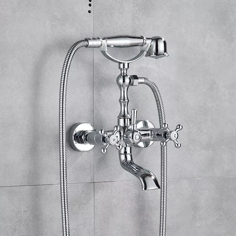 

Wall Mounted Brass Shower & Tub Faucet Spout Dual Handles telephone type hot cold mixer Tap Bath Gold ORB brushed Antique brass