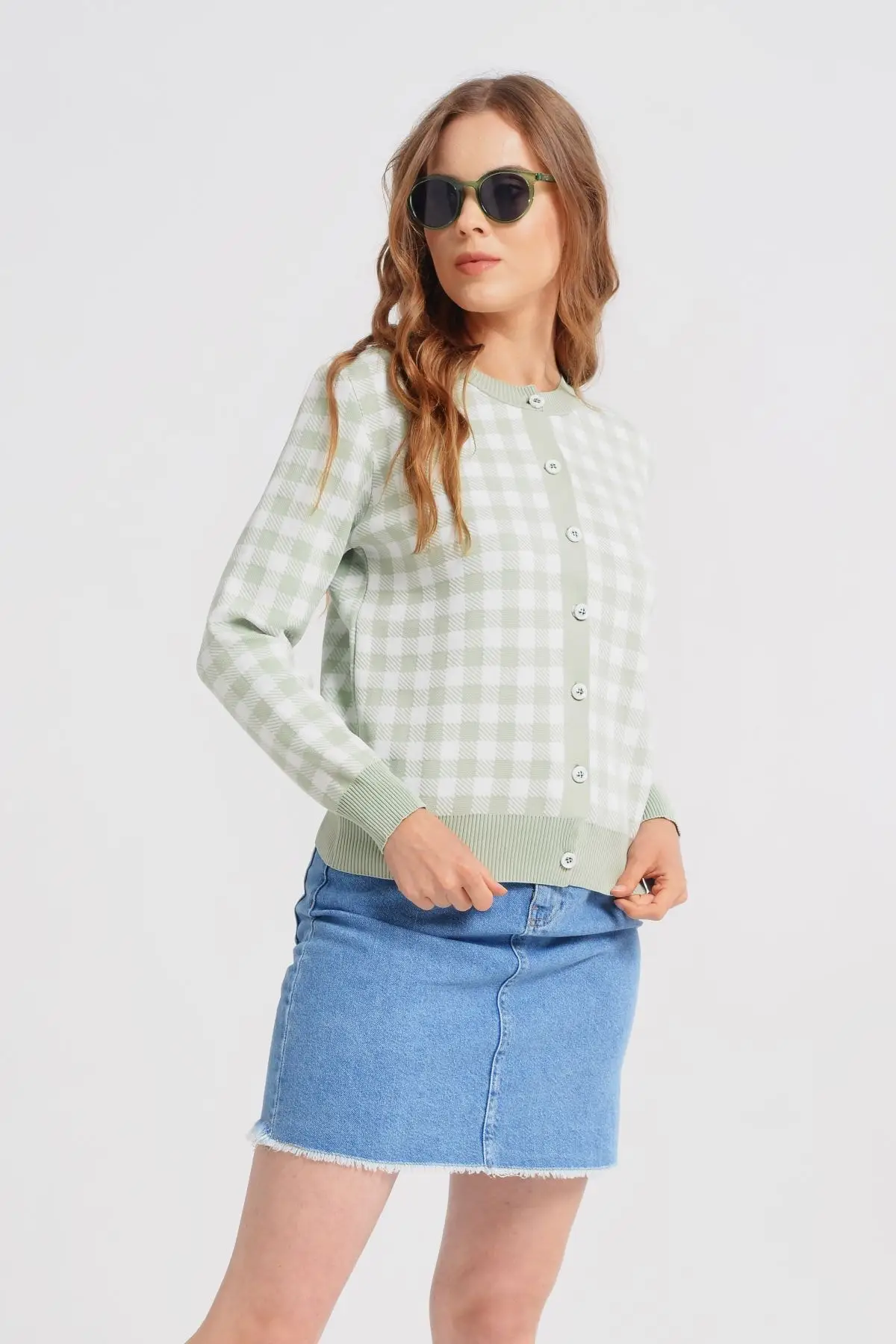 

Women's Cardigan polyelite checked Pique Knit Short-era Casual Knitted Quality Fashion Sweaters Loose Jumper