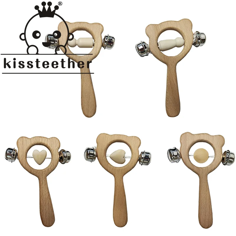 

Kissteether Baby Toys Beech Wood Bear Hand Teething Wooden Ring Baby Rattles Play Gym Montessori Stroller Toys Educational Toys