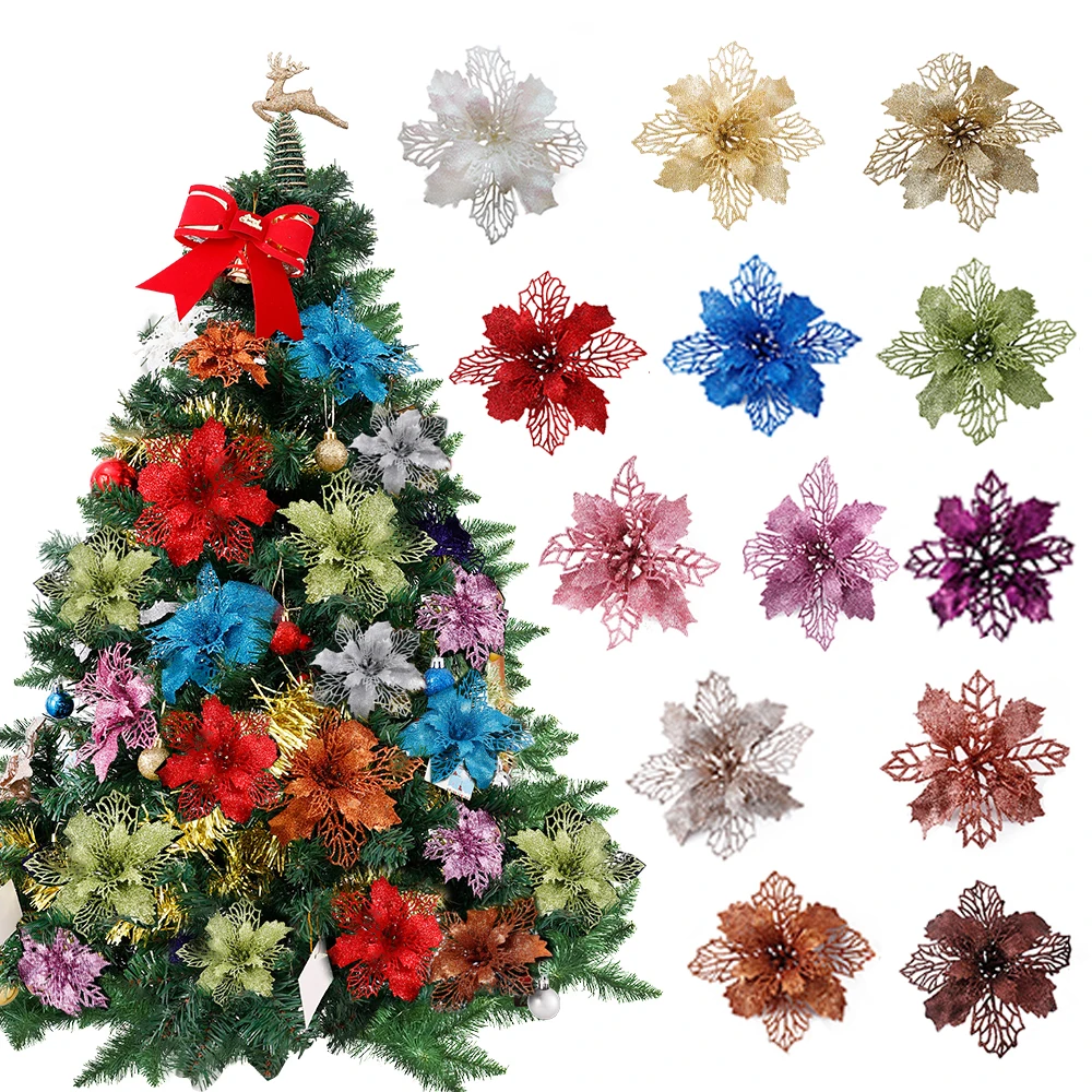 

10pcs 9-15cm Glitter Artifical Christmas Flowers with Berry Xmas Tree Decorations for Home Fake Flowers Ornaments New Year Decor