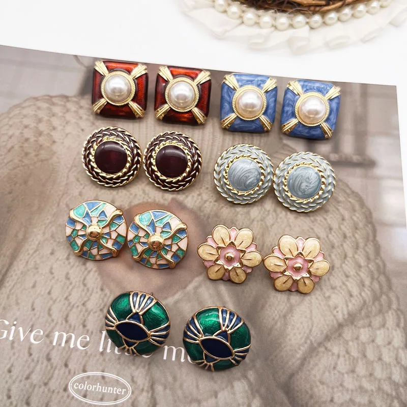 

Square Round Contrast Earrings Enamel Sweet Flower Brincos Pendientes Stud For Wholesale Jewelry