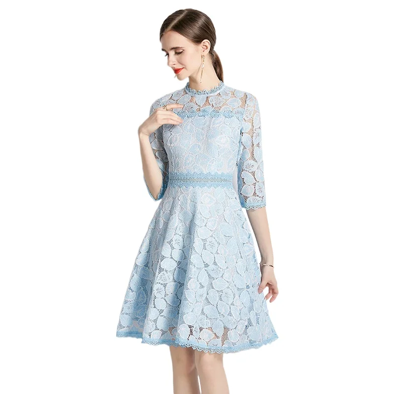 Simgent Light Blue Lace Dress 2022 New Fashion Women Hollow Out Embroidery Elegant Dresses Vestidos Robe Femme Jurk SG28293