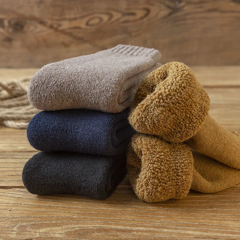 Winter Thick Warm Men's Wool Socks Solid Color Casual Plus Velvet Cold-proof Cashmere Snow Mens Socks 5 Pair