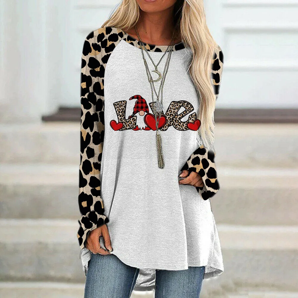

Heart 3d Print T-shirt Women Fashion T-shirts Sexy Girl Hip Hop Tops Tees Long Sleeve Tshirt XOXO Crew Neck Long T Shirt Leopard