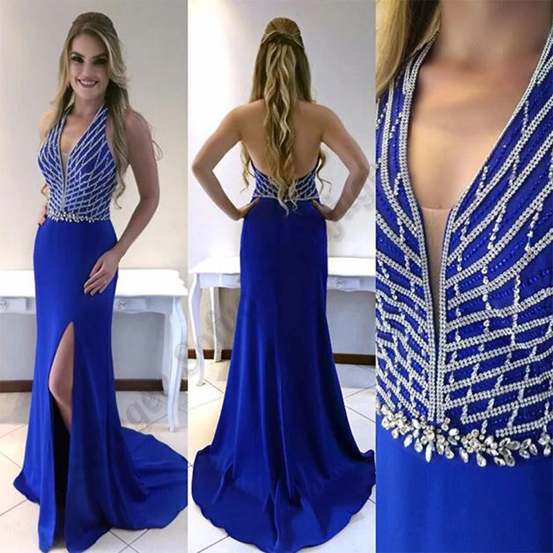 

Royal Blue Evening Dress V-Neck Beaded Crystals Mermaid Sexy Slit Backless Prom Gown Party Cocktail Vestidos De Gala Customised