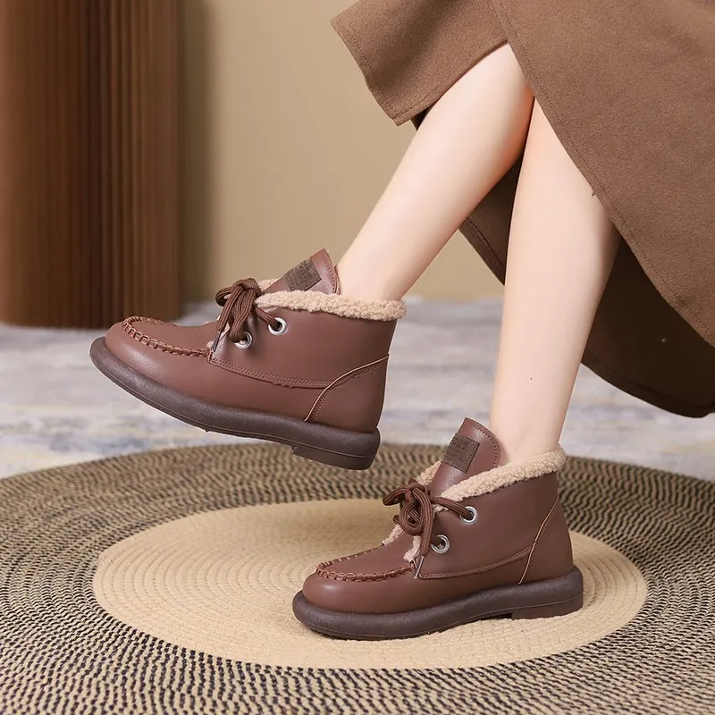 

2022 Winter Women's New Round Head Lace Up Women's Boots Thick Bottom Plush Casual Student Fashion Warm Women's Shoes Nude Boots