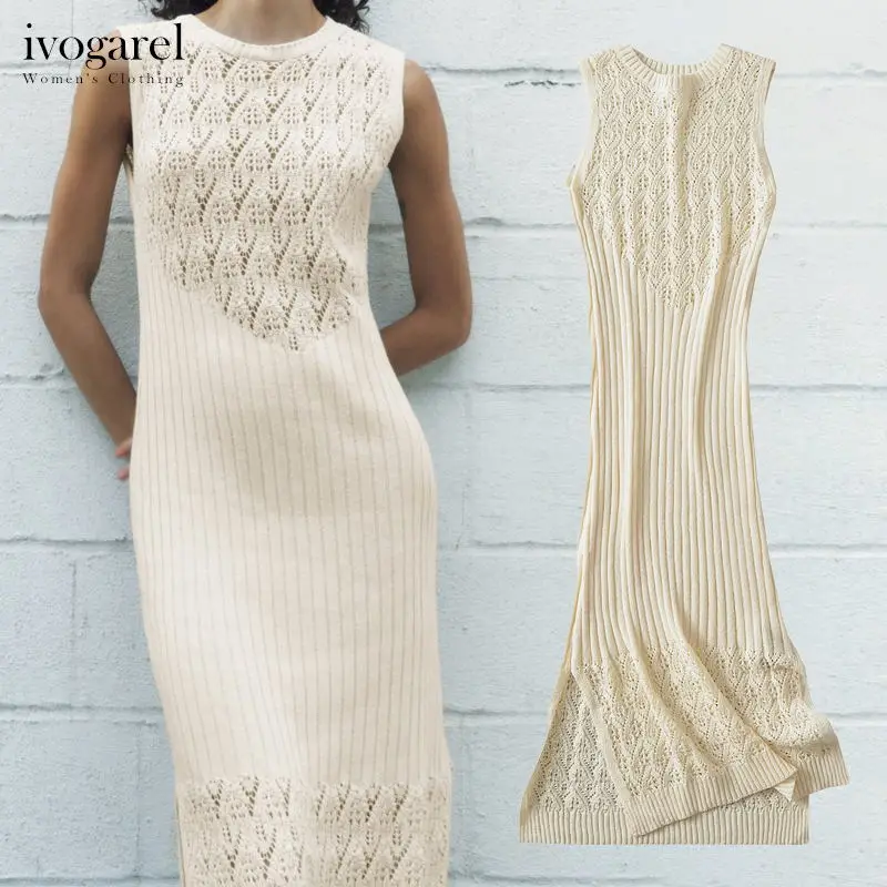 

Ivogarel Knit Sleeveless Long Dress Woman's Vintage Casual Summer Evening Home Dress Round Neck Cashmere Sweater Traff Style New