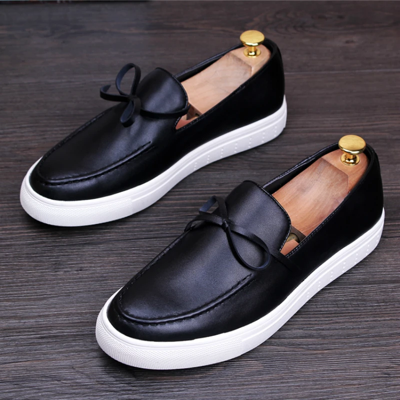 

Korean design mens casual genuine leather shoes breathable slip on tassels shoe black white flats loafers platform sneakers mans