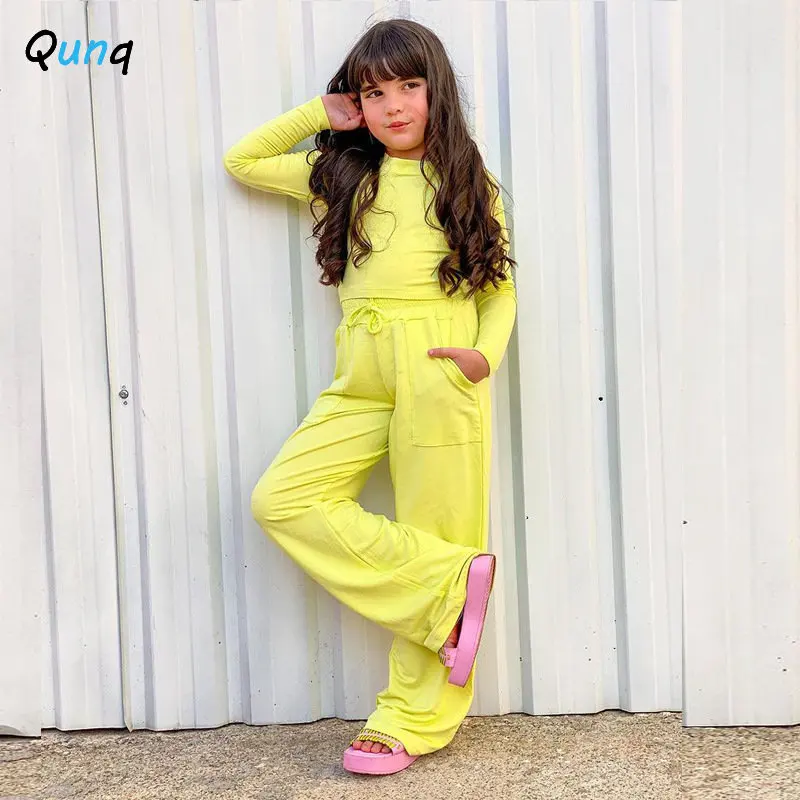 

Осенний тонкий однотонный костюм Qunq для девочек с круглым вырезом и длинными рукавами + прямые брюки, комплект из 2 предметов, повседневные с...