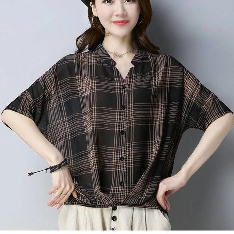 Vintage Printed V-Neck Folds Irregular Plaid Blouse Women's Clothing 2023 Summer New Casual Pullovers Asymmetrical Shirt