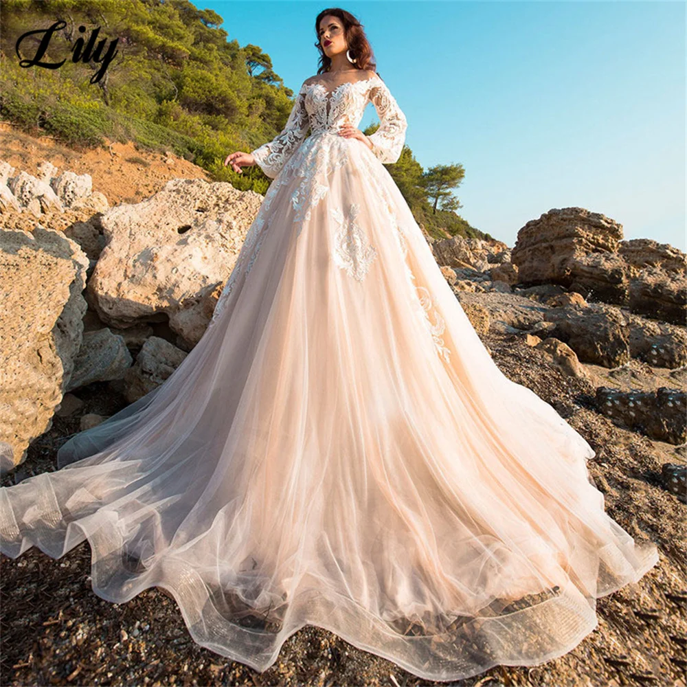 

Princess Wedding Dress A Line Lace Appliqued Puff Sleeves Bride Dress With Long Train Boho Wedding Gown Custom suknia ślubna