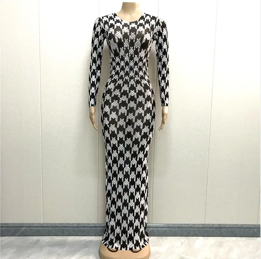

Evening Celebrate Black White Printed Mesh Silver Rhinestones Stretch Dress Birthday Singer Outfit Women Singer Clothing