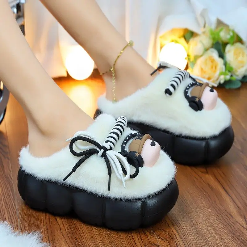 Красивые кофейные пушистые тапочки для девушек Женская милая собака с