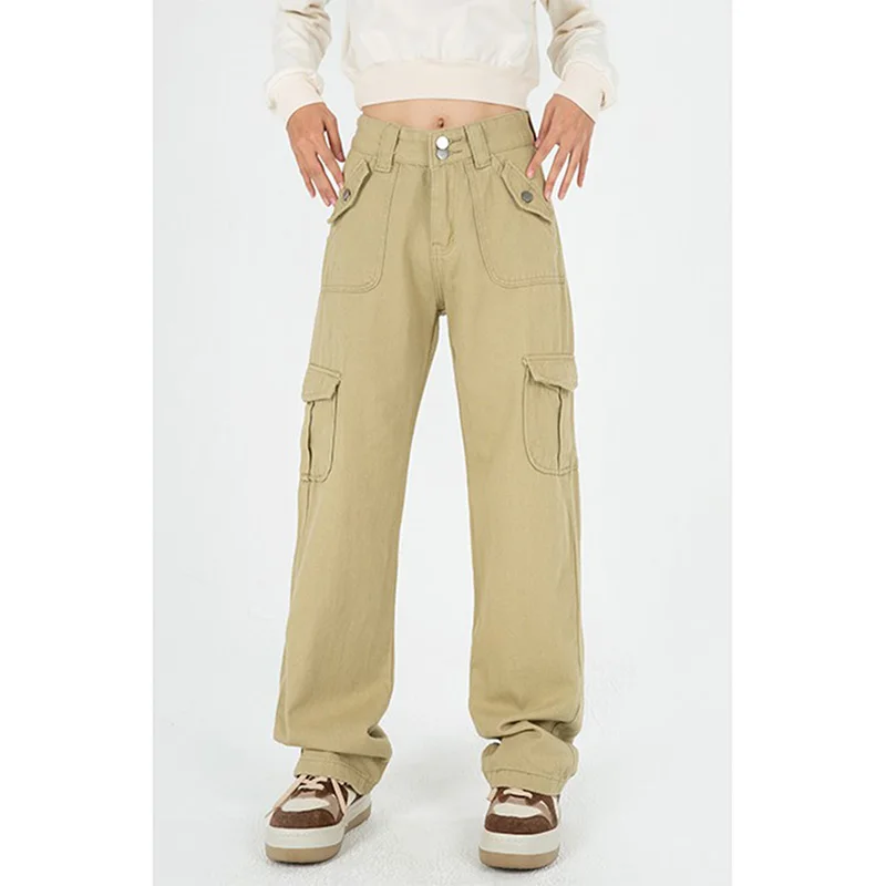 

Женские брюки-карго цвета хаки с высокой талией и широкими штанинами, в американском уличном стиле, винтажные повседневные мешковатые прям...