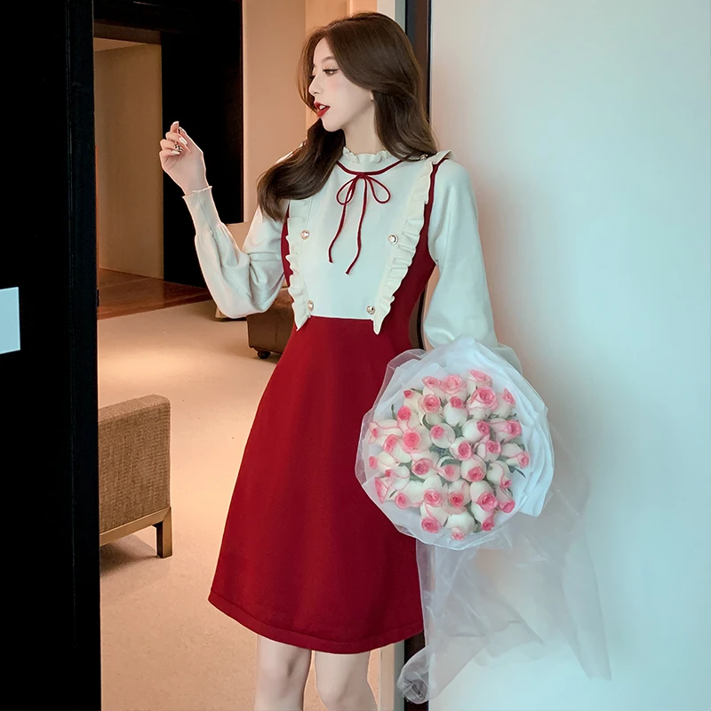 

2022 New Black Patchwork Knitted Cotton Mini Dress Women Elegant Bodycon Casual Dress Spring Autumn Korean Vintage Hepburn Dress