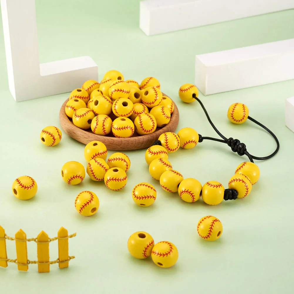 100Pcs Dyed Wood Beads Round With Baseball Pattern Spacer Beads Handmade For Men Women Jewelry Making Sport Theme Supplies
