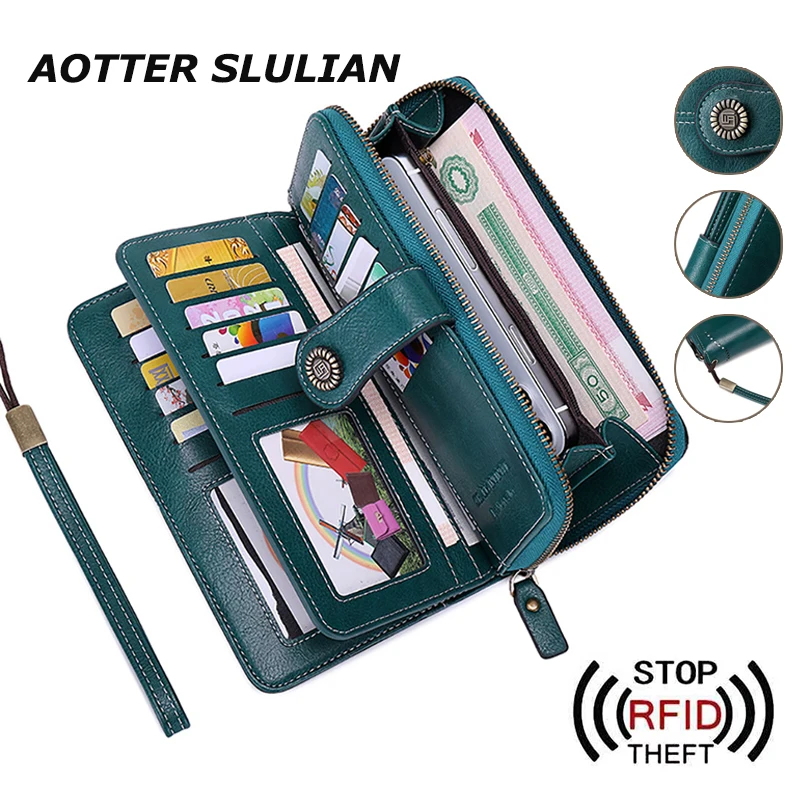 Ladies Zipper Purse Solid Color Card Pouch Long Section Wallet Hasp Female Money Bag RFID Anti-thief Wallets PU Leather Handbags