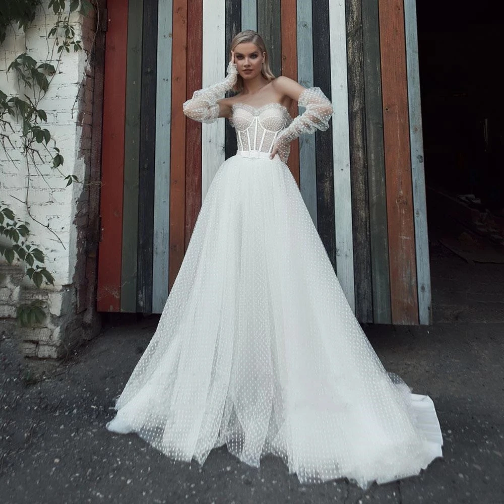 

Lovely Handcraft Wedding Dress Half Sleeves Sweetheart Bridal Gowns A-line Dotted Tulle Sashes Brides Dresses Abito Da Sposa