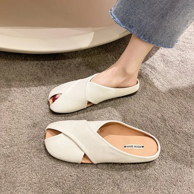

Low Shoes Loafers Cover Toe Slippers Women Summer Female Mule Luxury Slides Pantofle Peep Mules Flat Designer 2023 Basic Rome Ru