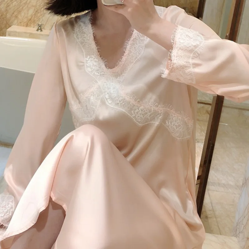 Spring Satin Nightdress Women Lace Faux Silk Long Sleeve V-Neck Sleepshirt French Court Style Nightgowns Sexy Home Dressing Gown