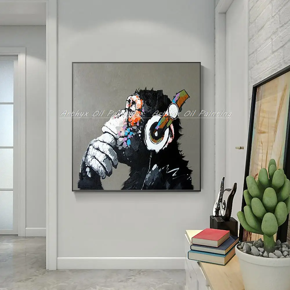 Arthyx ручная роспись Gorilla наслаждаясь музыкой животные Масляные картины на холсте