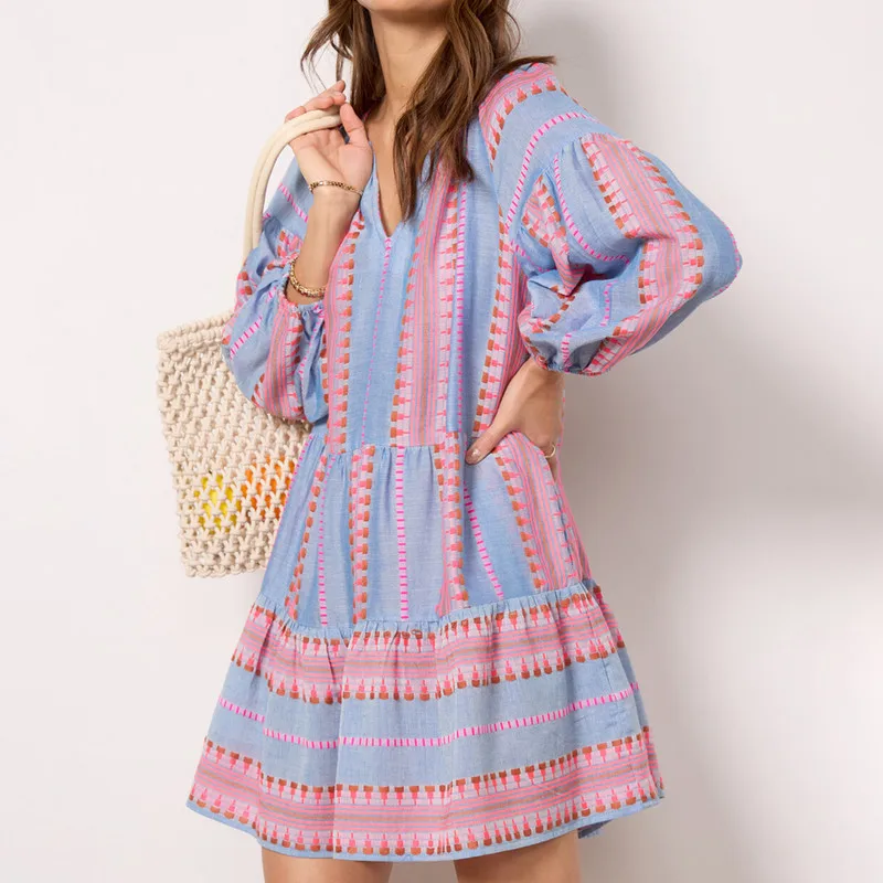 ewka damska sukienka w stylu boho letnie jesienne ubrania 3/4 rękaw dekolt serek Retro Casual luźna krótka Streetwear wakacje