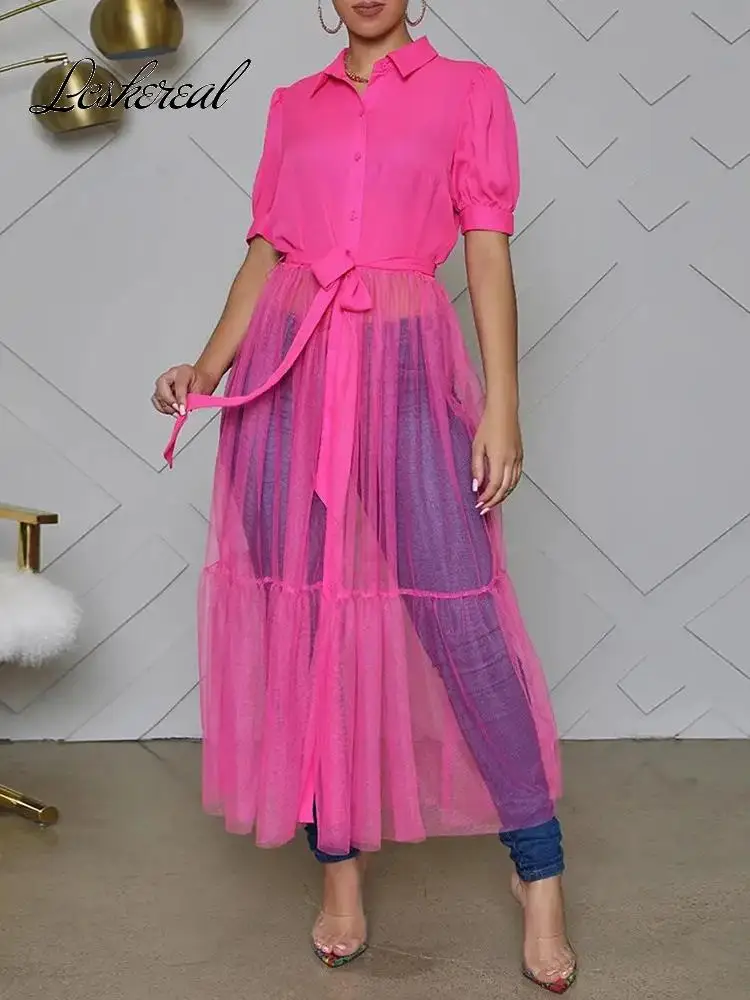 

Женское Прозрачное платье-рубашка средней длины, черное повседневное Сетчатое платье составного кроя с коротким рукавом, одежда для женщин...