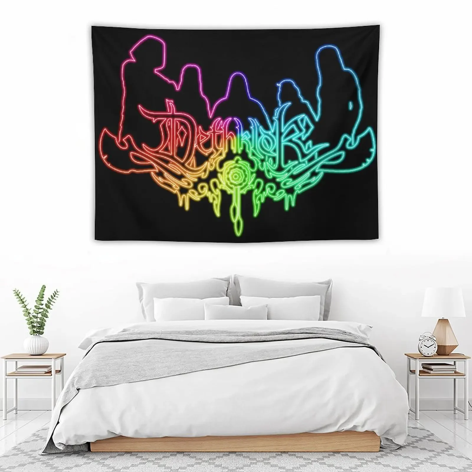 Радужная неоновая вывеска с логотипом Dethklok и силуэтом члена группы на черном