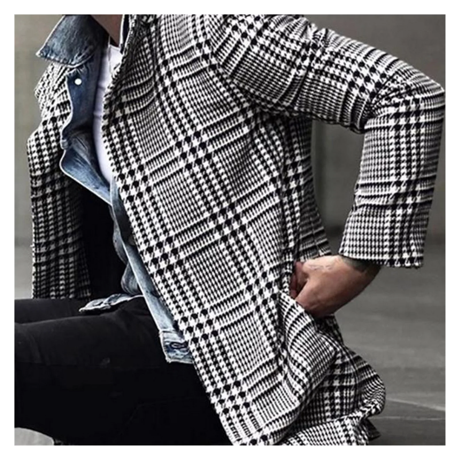 

Новинка 2022, корейские мужские шерстяные пальто, Мужская зимняя теплая одежда, шерстяная верхняя одежда, длинное черно-белое Мужское пальто ...