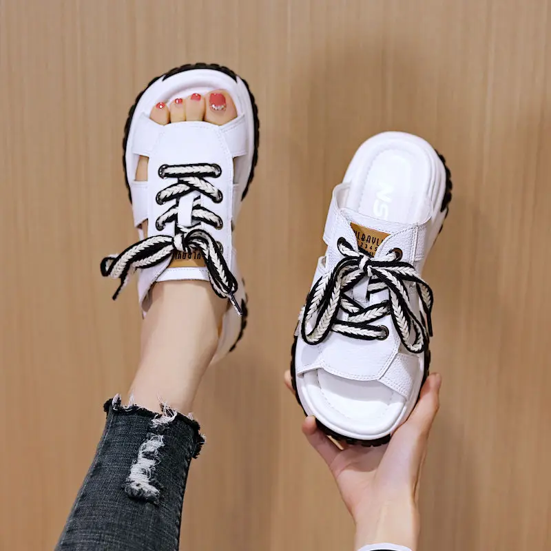 Thick Bottom Casual Sandals Women's 2023 Summer New Soft Bottom Non-Slip Lace-up Dad Shoes All-Match Sports Flip Flops