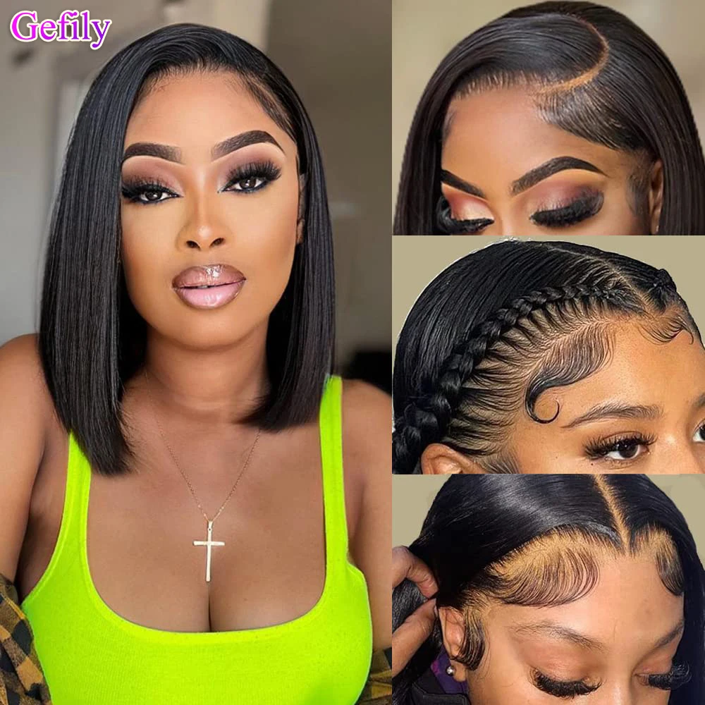 

Gefily Short Bob Straight Wigs 13x4 Lace Frontal Human Hair Collarbone Wigs 180% Brazilian Lace PrePlucked with Baby Hair Wigs