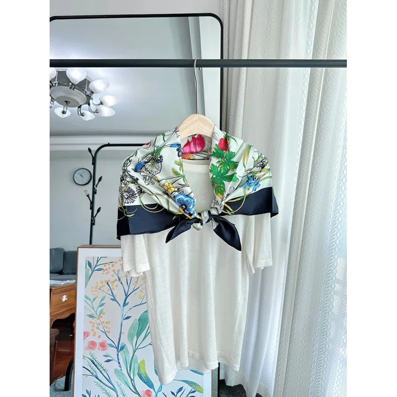 2024 шелк натуральный 100 ℅ шарф женский роскошный дизайнерский 90x90 цветочный