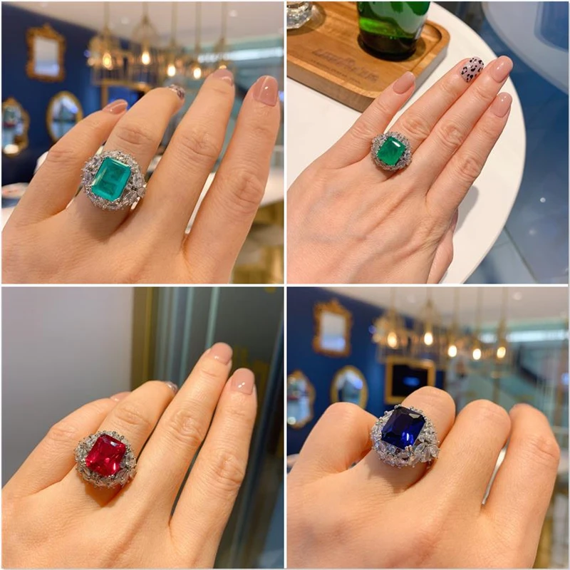 

Fashion Retro 10*12mm Paraiba Ruby Emerald Adjustable Opening Engagement Ring Luxury Designer Jewelry For Party Friends Gift