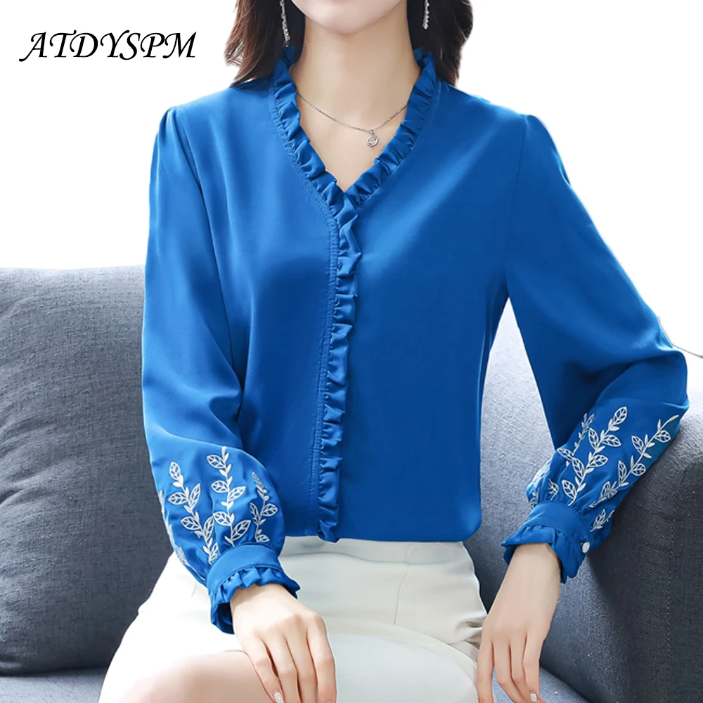 

New Autumn Women Clothing Winter Basic Tops Fashion Woman Blouses 2022 Elegant Chic Embroidery Ruffles Office Lady Shirts Femme