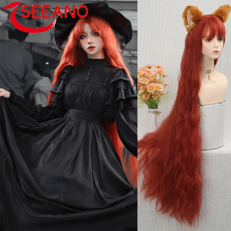 

SEEANO 120cm Synthetic Long Curly Cosplay Wig With Bang Red Light Blonde Pink Cute Lolita Wig Women Halloween Cosplay Wig Female